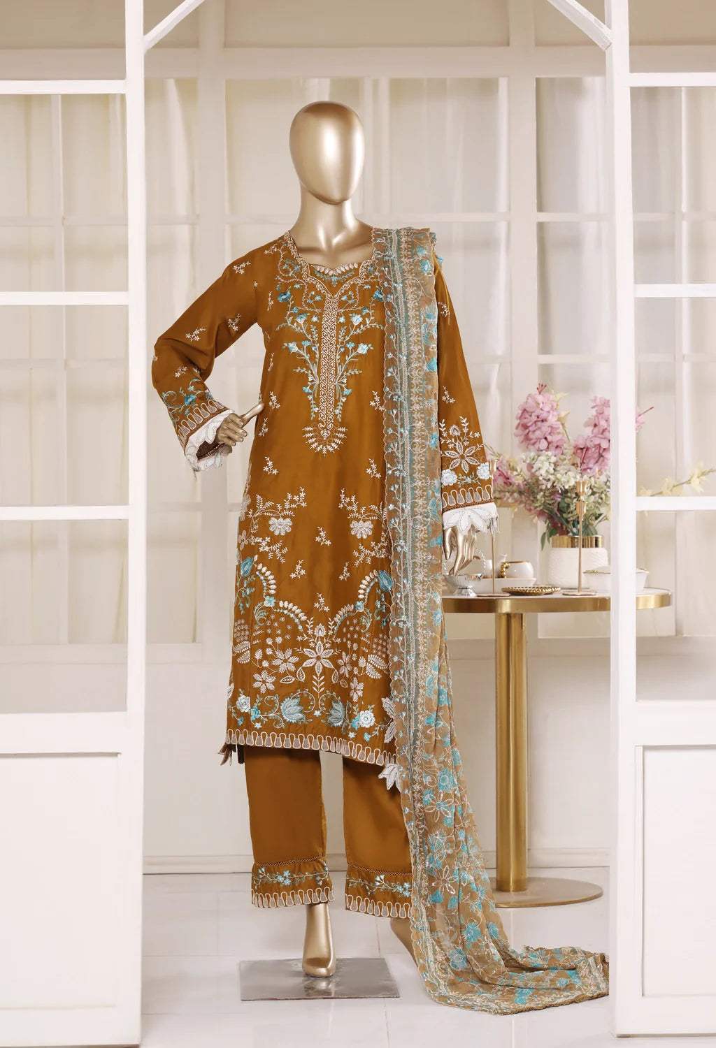 Binsaeed Plain Cotton 3 Piece Embroidered D2570