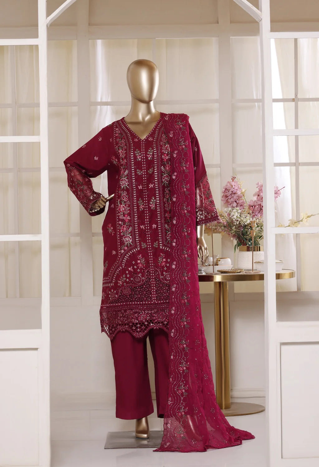 Binsaeed Plain Cotton 3 Piece Embroidered D2547
