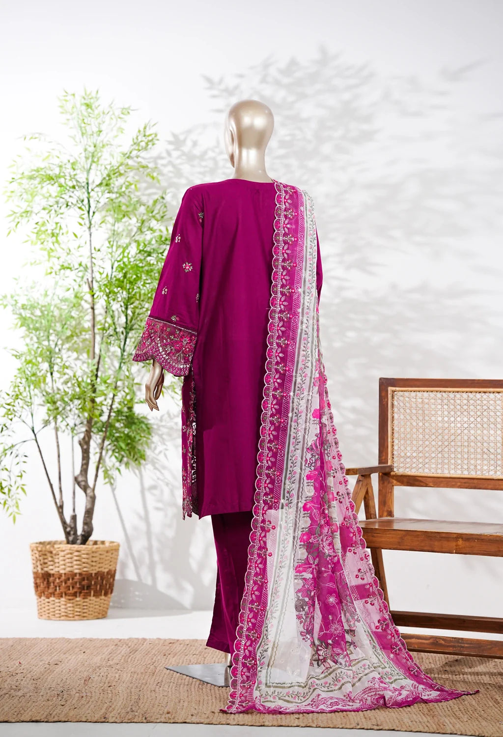 Binsaeed Plain Cotton 3 Piece Embroidered D2556