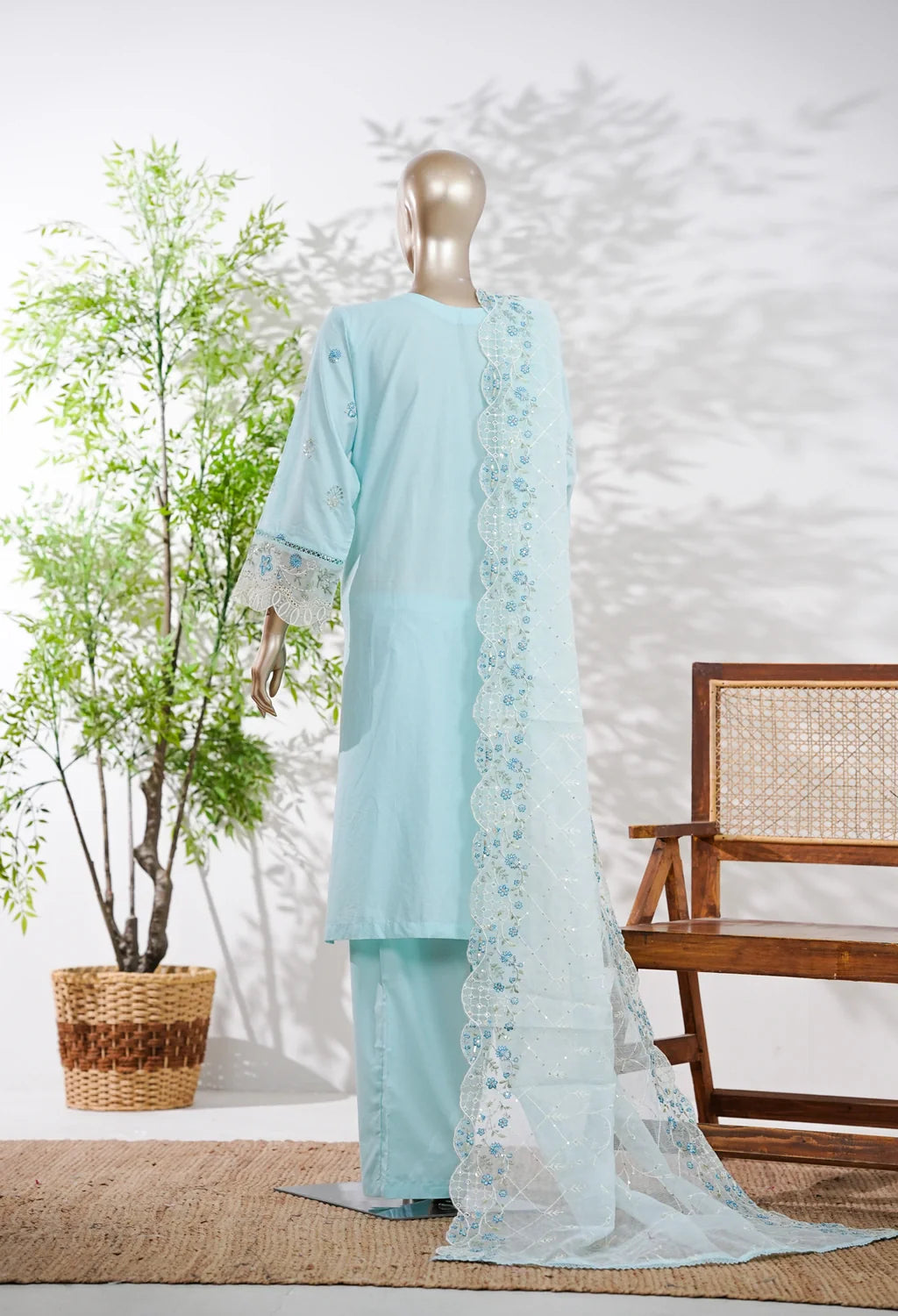 Binsaeed Plain Cotton 3 Piece Embroidered D2525