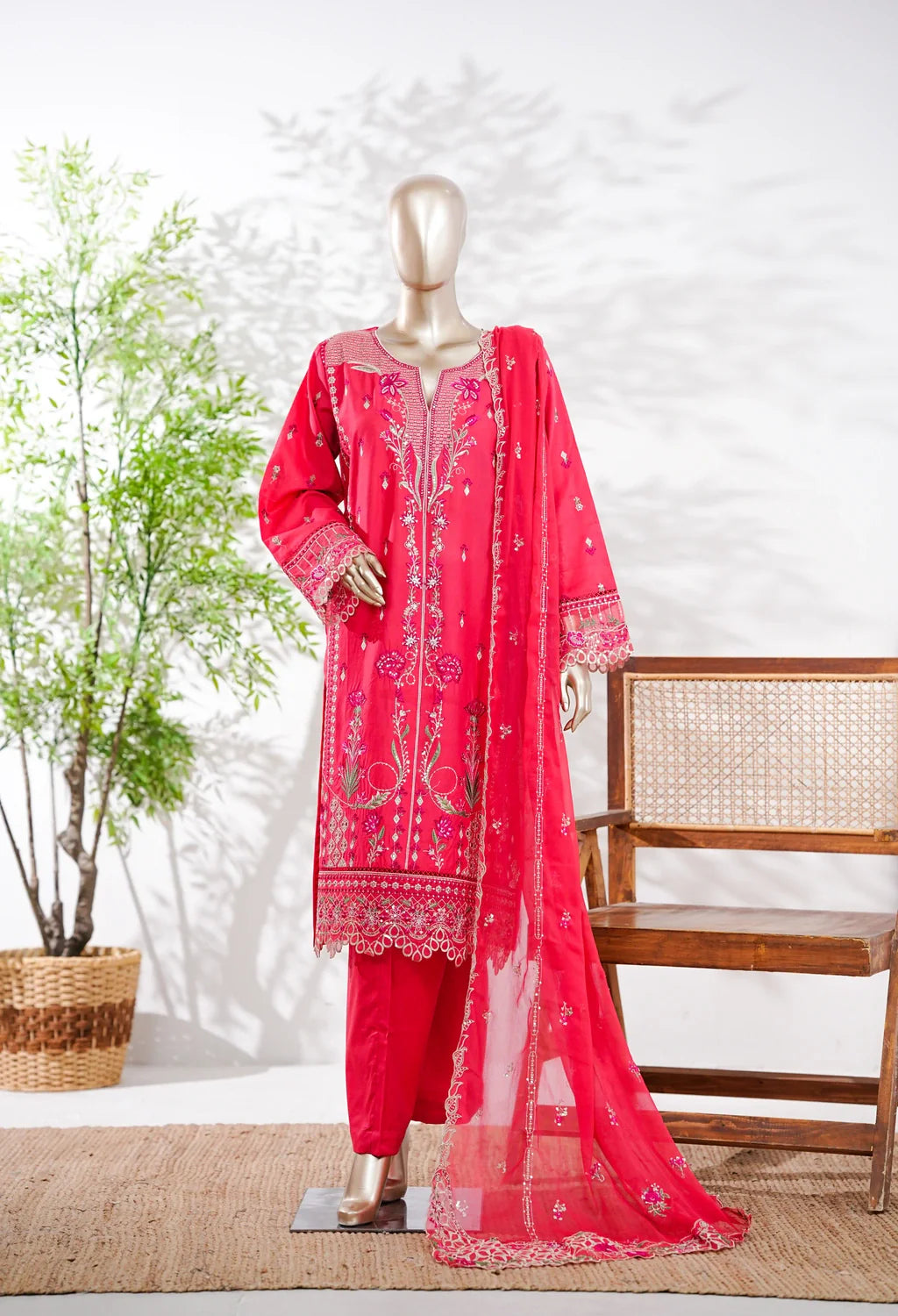 Binsaeed Plain Cotton 3 Piece Embroidered D2544