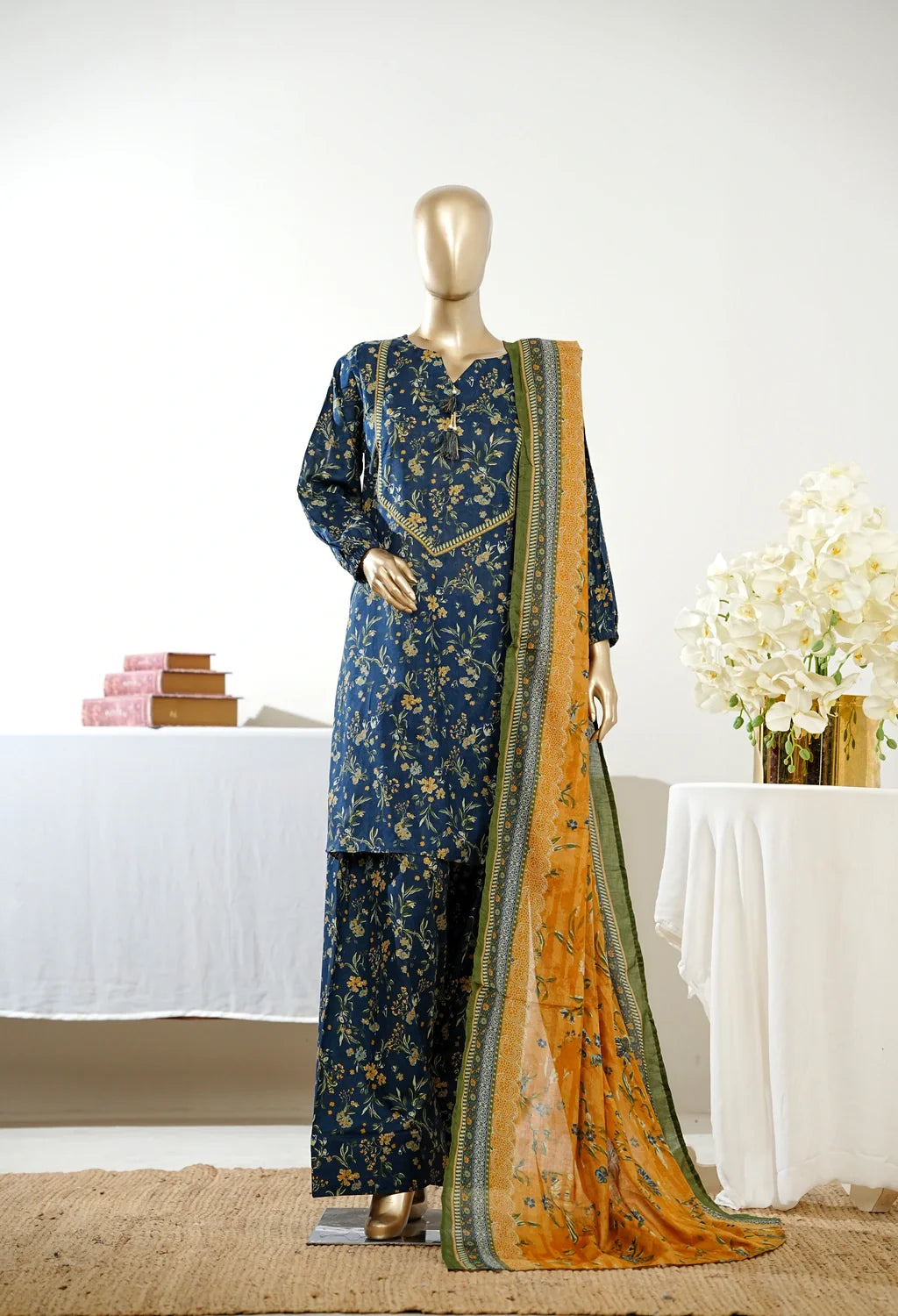 Bin saeed  printed three piece with farshi shalwar D1